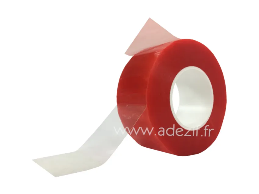 ruban adhésif double face polyester transparent avec protecteur rouge adezif PT 965